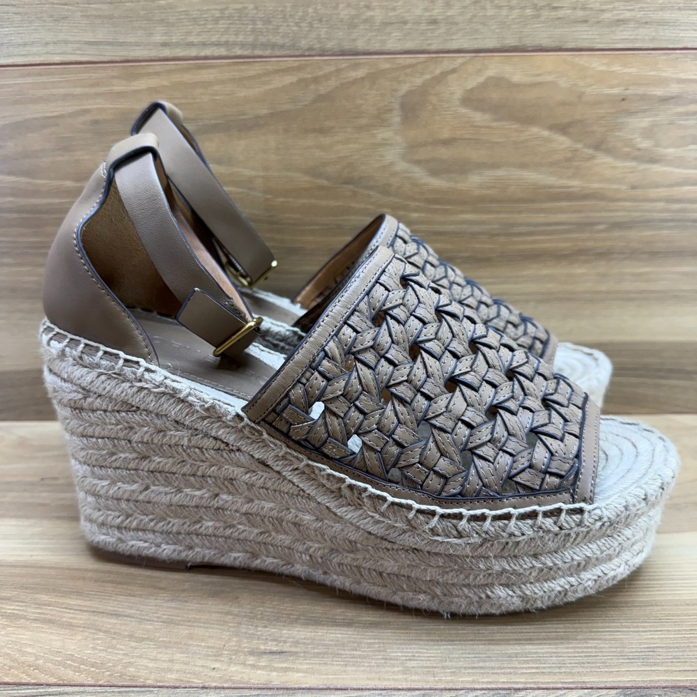 Tory Burch Basketweave Platform Wedge Sandals 8 M Almond Flour Ankle Strap - Picture 5 of 12